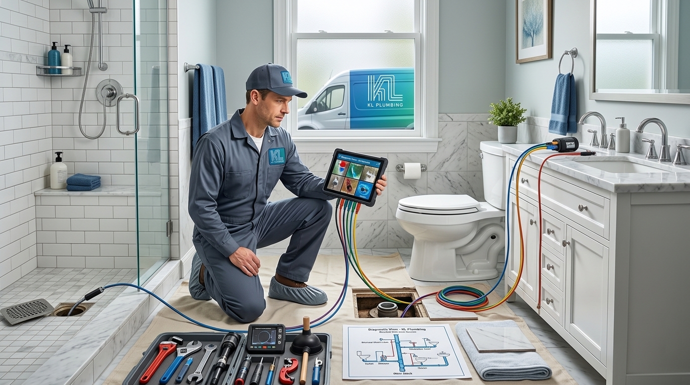 K L Contractor Plumbing Inc | Why Does My Drain Keep Clogging After It Has Been Cleaned? Plumber_diagnosing_bathroom_drai…_202608201915