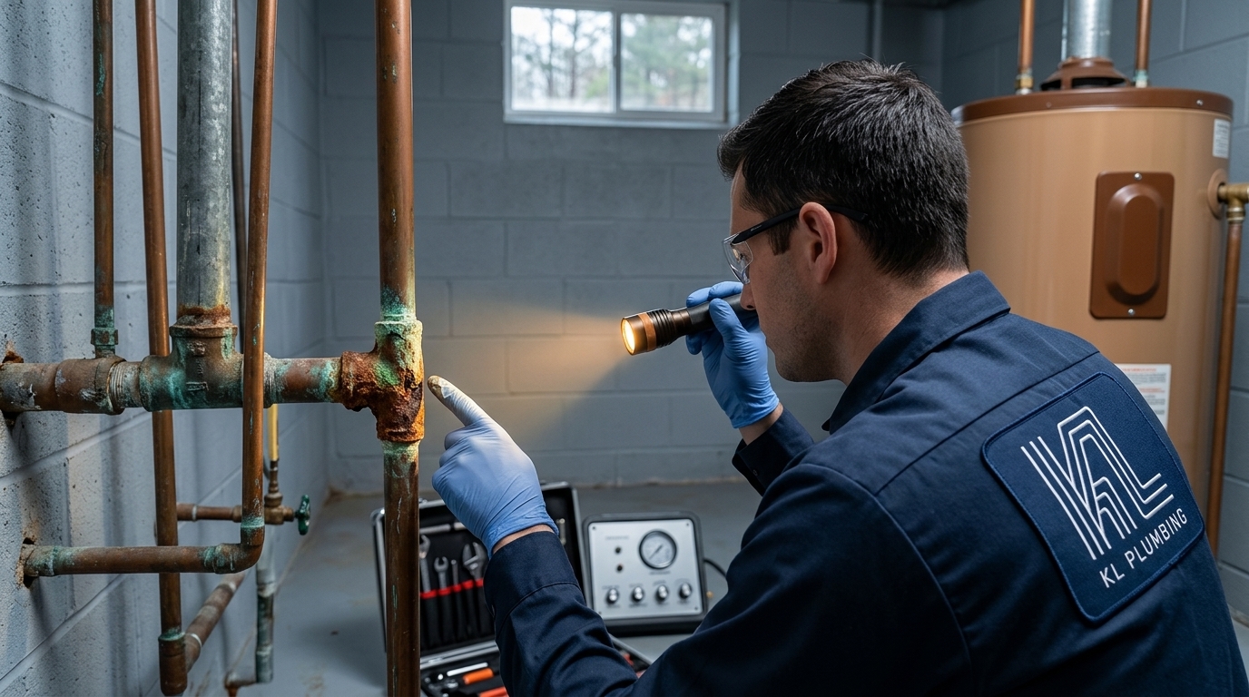 K L Contractor Plumbing Inc | Should You Repair Old Pipes or Repipe Your House? Plumber_evaluating_corroded_supp…_202608201833