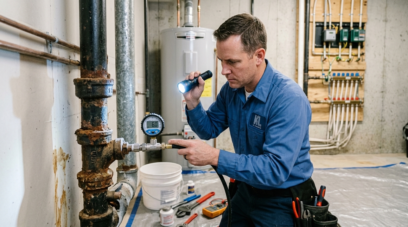 K L Contractor Plumbing Inc | Water Line Repair vs. Replacement: How Do You Know Which You Need? Plumber_inspecting_corroded_piping_202608201903