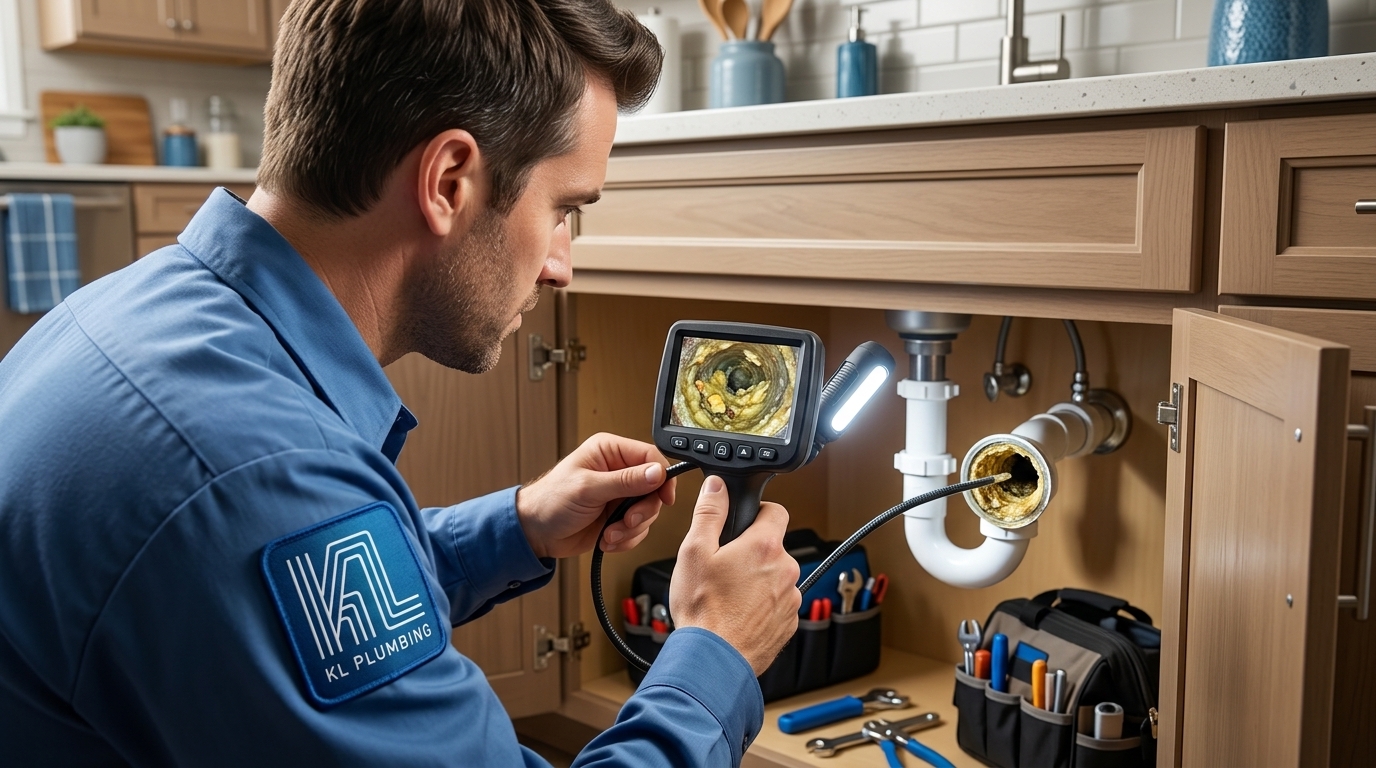 K L Contractor Plumbing Inc | Why Does My Drain Keep Clogging After It Has Been Cleaned? Plumber_inspecting_kitchen_drain…_202608201913