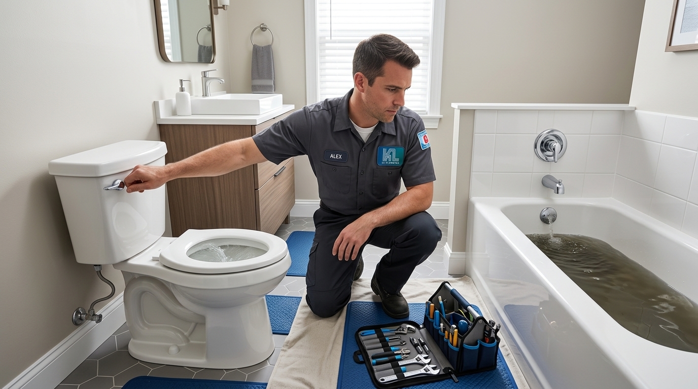 K L Contractor Plumbing Inc | When Should You Call a Plumber for a Clogged Drain? Plumber_inspecting_water_in_bathtub_202608201852