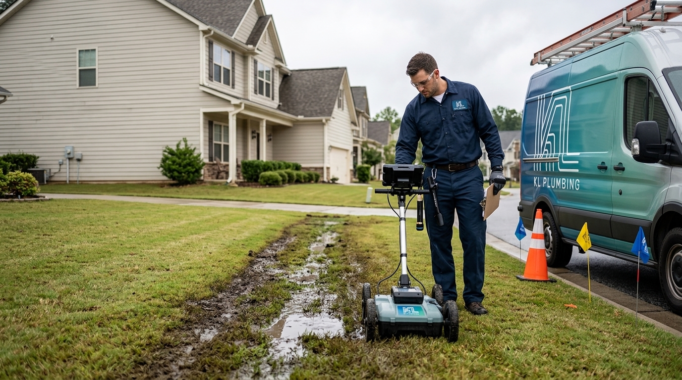 K L Contractor Plumbing Inc | How Do You Know if Your Main Water Line Is Leaking? Plumber_inspecting_wet_ground_202608202319