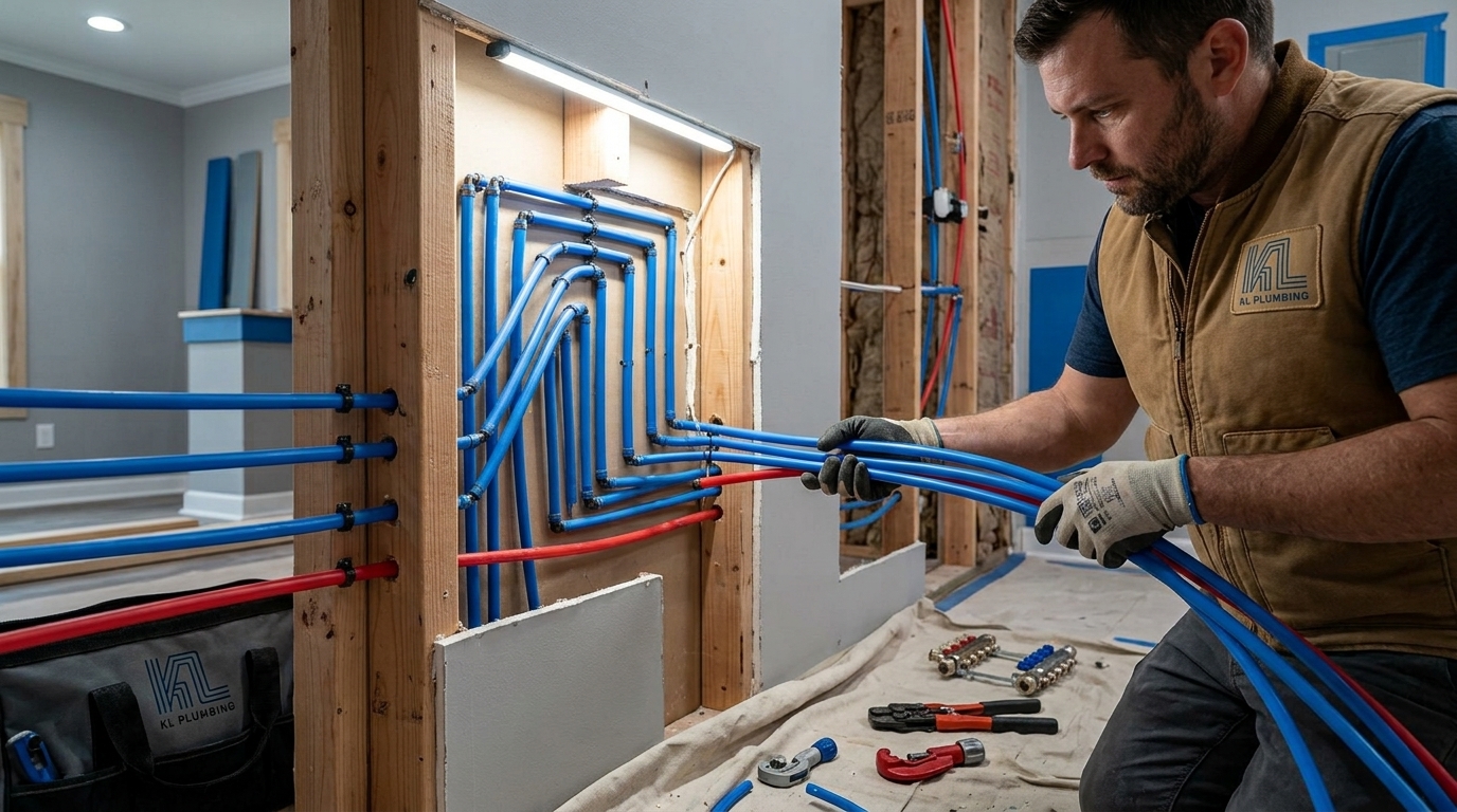 K L Contractor Plumbing Inc | How Long Does It Take to Repipe a House? Plumber_routing_new_PEX_lines_202608201857