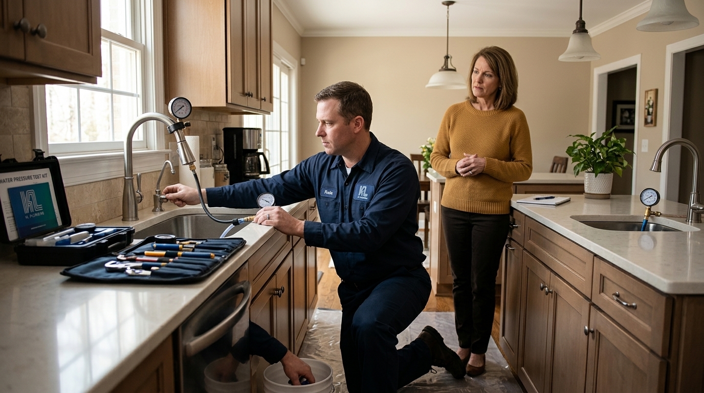 K L Contractor Plumbing Inc | How Do You Know if Your Main Water Line Is Leaking? Plumber_testing_kitchen_water_pr…_202608202318