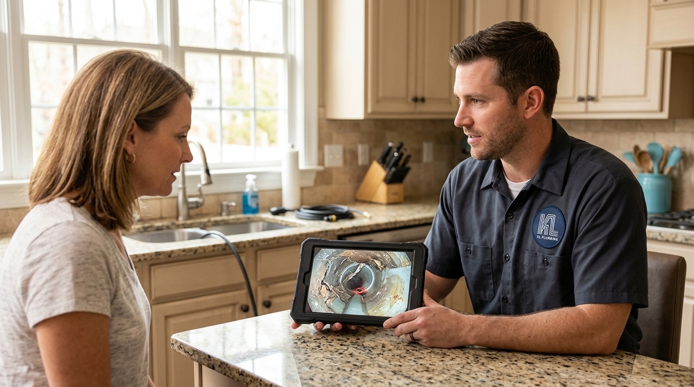 K L Contractor Plumbing Inc | Sewer Line Repair vs. Replacement: Which Does Your Home Need? Plumbing_technician_explaining_s…_202608202307