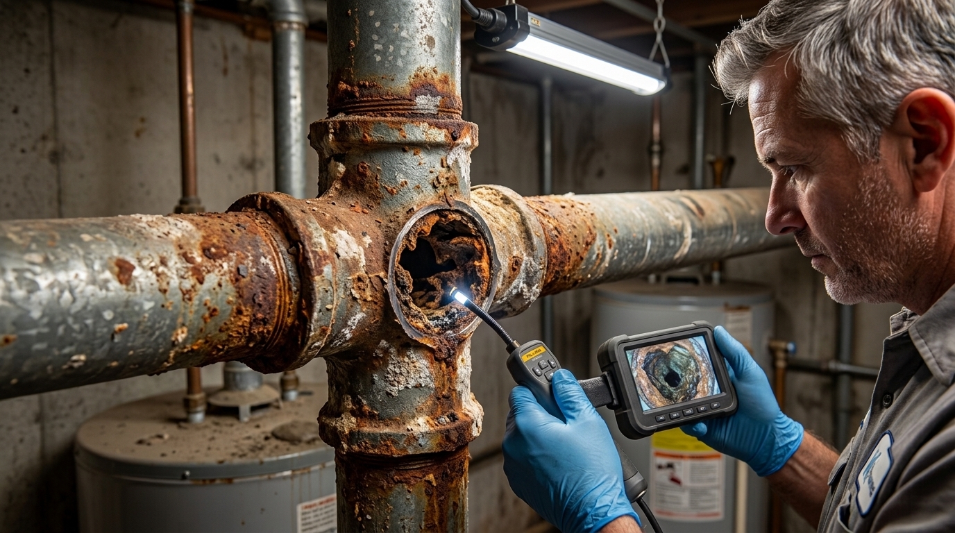 K L Contractor Plumbing Inc | Why Is My Water Pressure Low Throughout the House? Technician_inspecting_corroded_pipe_202608201921