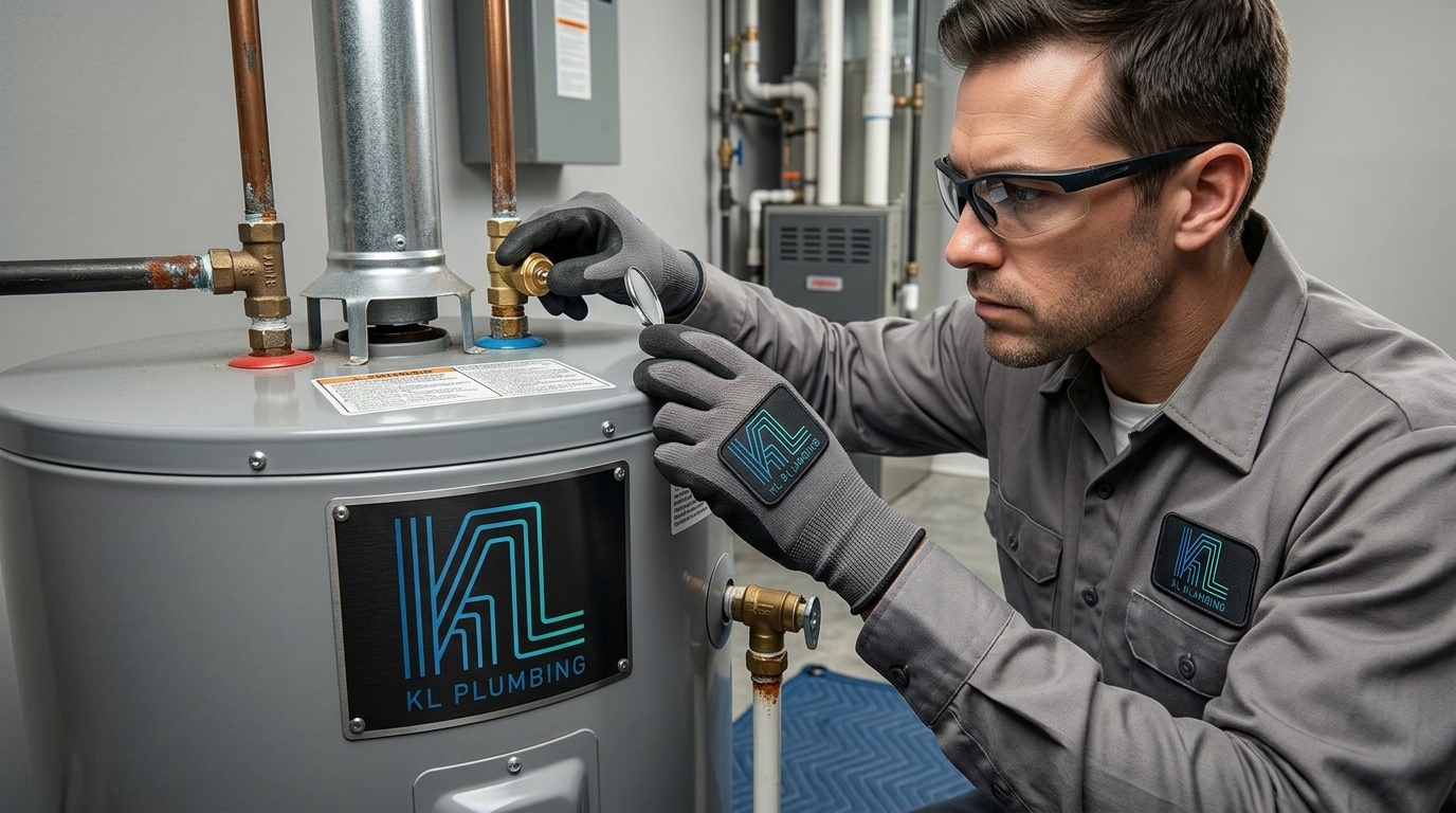 K L Contractor Plumbing Inc | Water Heater Repair vs. Replacement: What Homeowners Should Check First Plumber_inspecting_water_heater