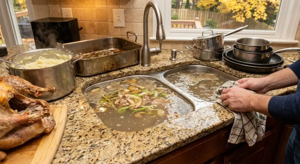 A clogged kitchen sink after cooking a Thanksgiving meal, K L Contractor Plumbing tips and tricks to avoid falling victim to Brown Friday