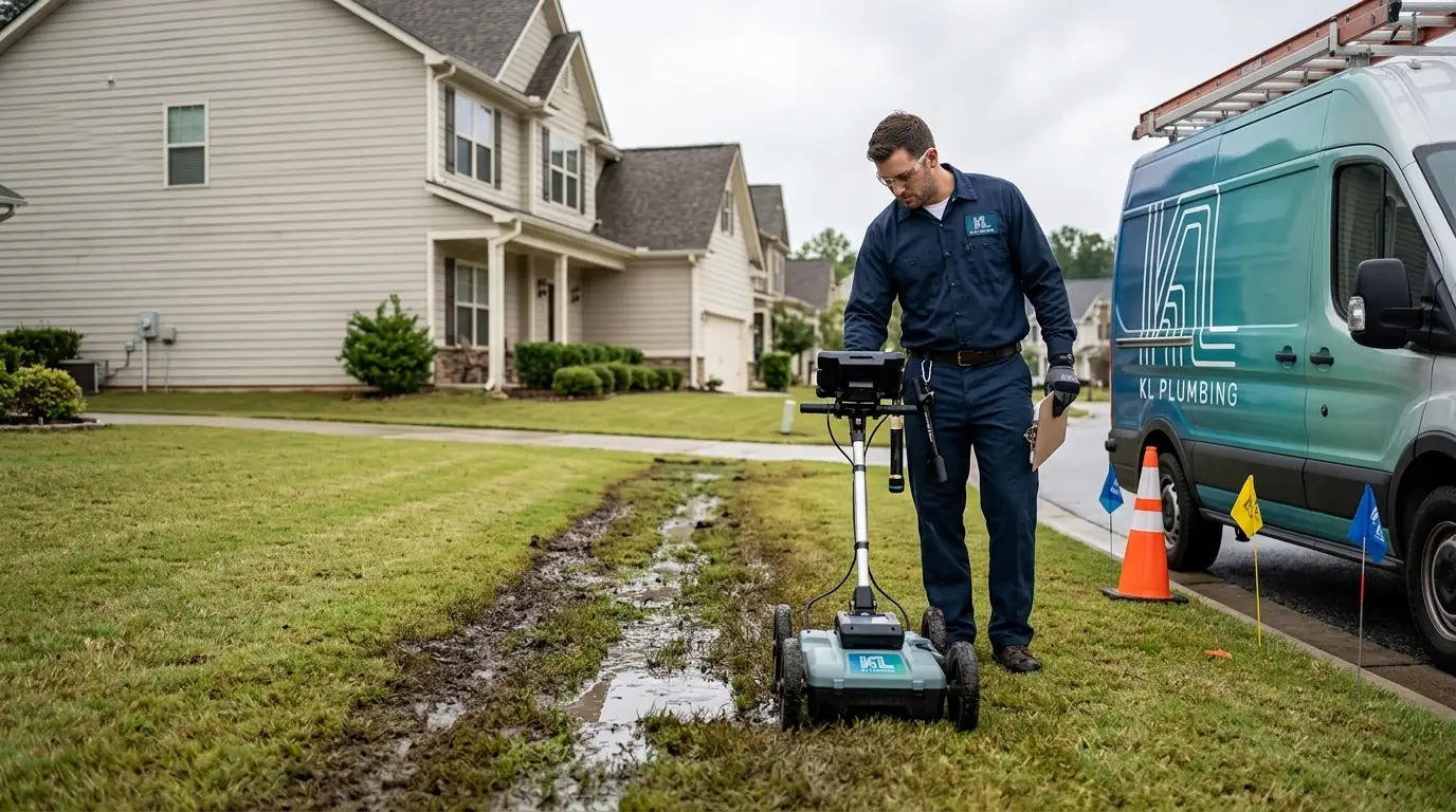K L Contractor Plumbing Inc | How Do You Know if Your Main Water Line Is Leaking? Plumber_inspecting_wet_ground_202608202319