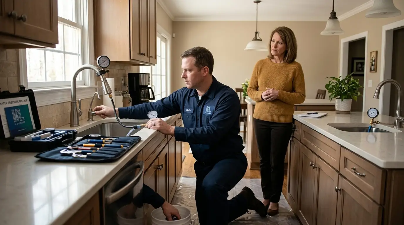 K L Contractor Plumbing Inc | How Do You Know if Your Main Water Line Is Leaking? Plumber_testing_kitchen_water_pr…_202608202318